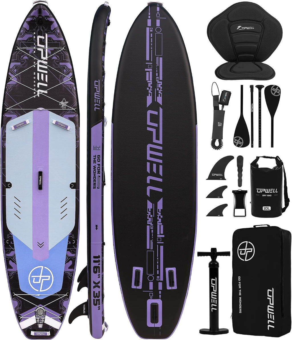 UPWELL 11'6'×35' Extra Wide Inflatable Paddle Board, Stand Up Paddle Board for Youth & Adults, Stable Design, Premium SUP Accessories, 120L Backpack, 10L Dry Bag, Paddle, Leash, Hand Pump, US Fins