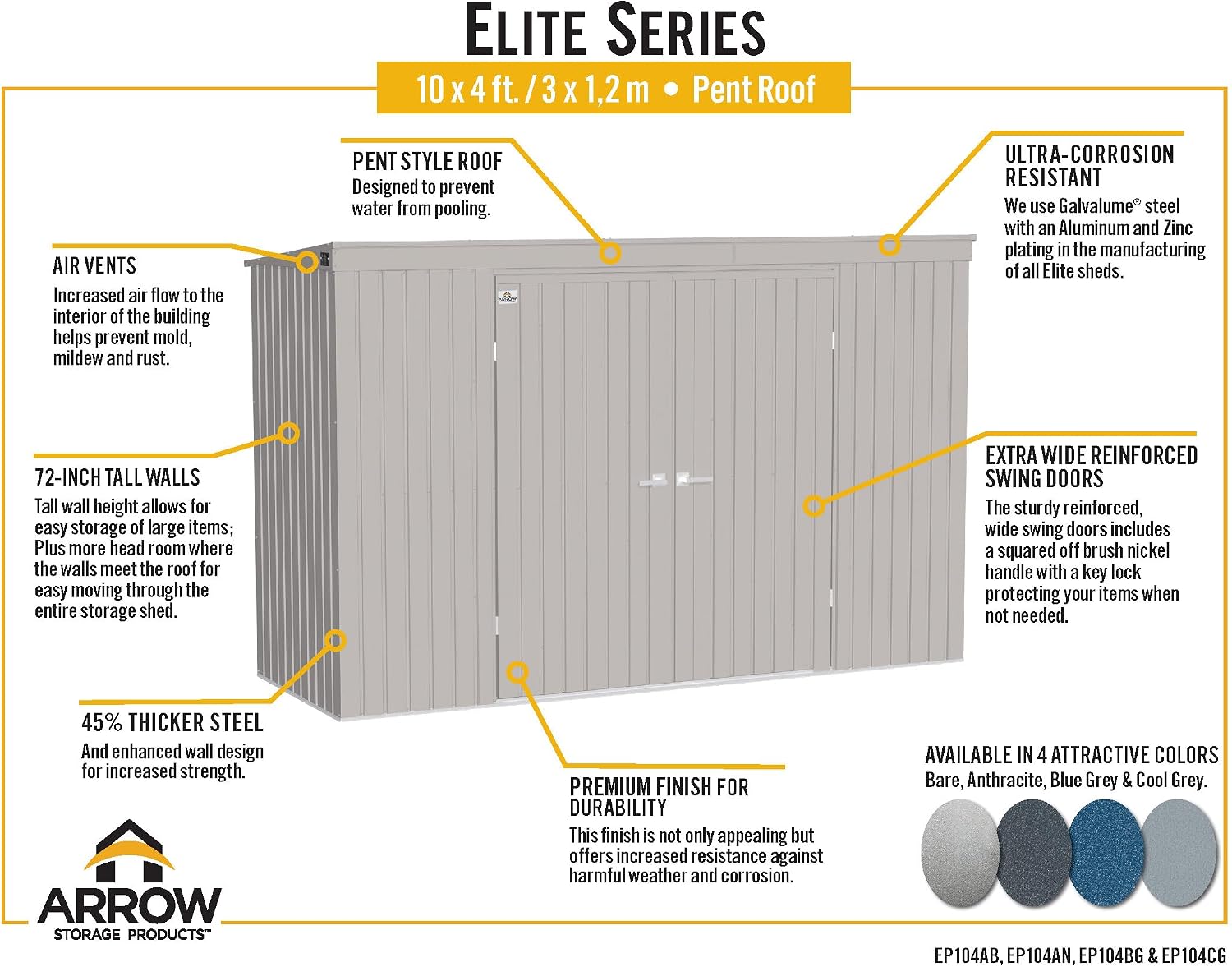 Arrow Shed Elite 10' x 4' Tall Outdoor Steel Storage Shed with High Gable and Lockable Doors Storage Building with Pent Roof, Anthracite