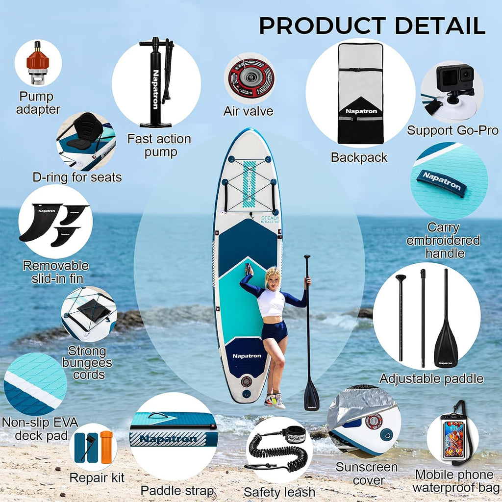Napatron Inflatable Paddle Board, 10'6' Ultra Lightweight SUP with Adjustable Paddle, Anti-Slip Deck,Coiled Leash & Carry Bag,Stable All-Around Stand Up Paddle Board for Adults