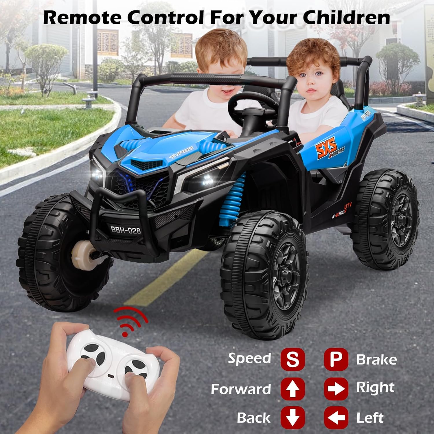 OTTARO 24V XXXL Electric Cars 2 Seater, Ride on Cars Vehicles for Big Kids, 4WD Ride on UTV Truck w/Remote Control, 25' Spacious Seat, 2 Safety Belts, Bright Light, Music Player,Bluetooth（Blue）