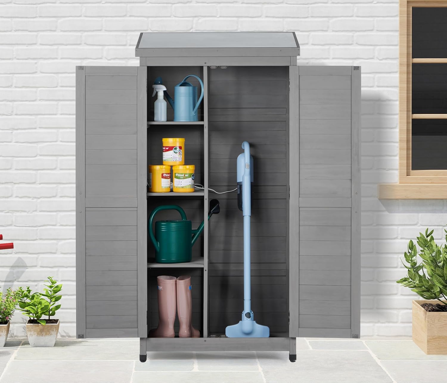 68''x33''x20'' Outdoor Wooden Storage Shed with Metal Top Tall Vertical Tool Cabinet for Backyard Garden Patio Lawn (Grey)