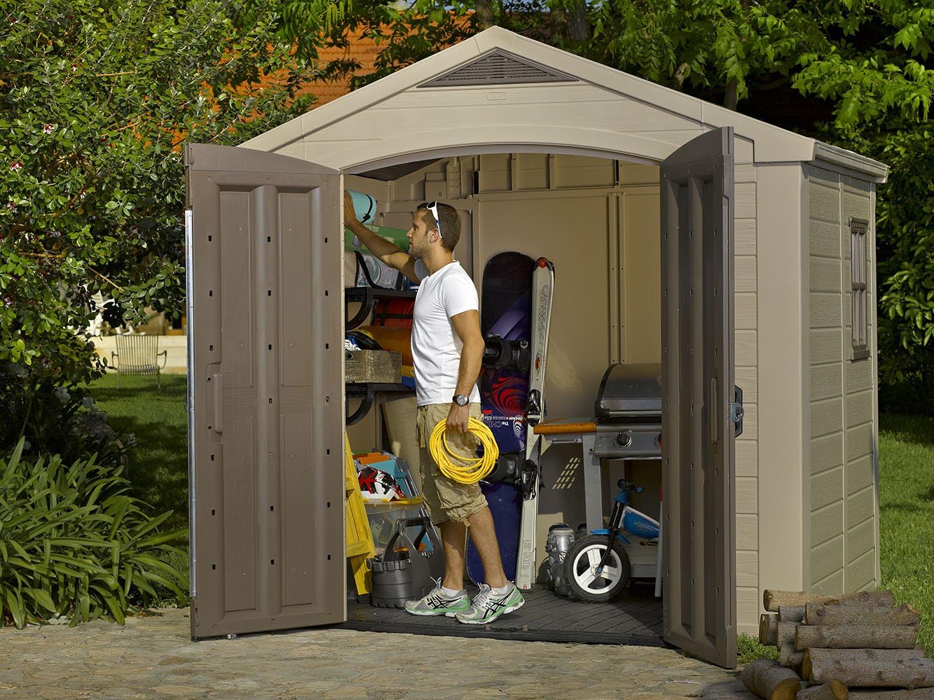 Keter Factor (8x6 ft) Large Resin Outdoor Storage Shed for Patio Furniture, Lawn Mower, Garden Accessories Yard Tools, and Pool Toys, Taupe