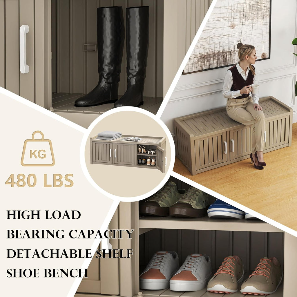 EasyUp Shoe Bench Entryway, Waterproof Resin Shoe Cabinet,Outdoor Shoes Storage Bench, 2-Tier Hallway Shoes Rack with Adjustable Shelves for Entryway, Living Room, Bedroom