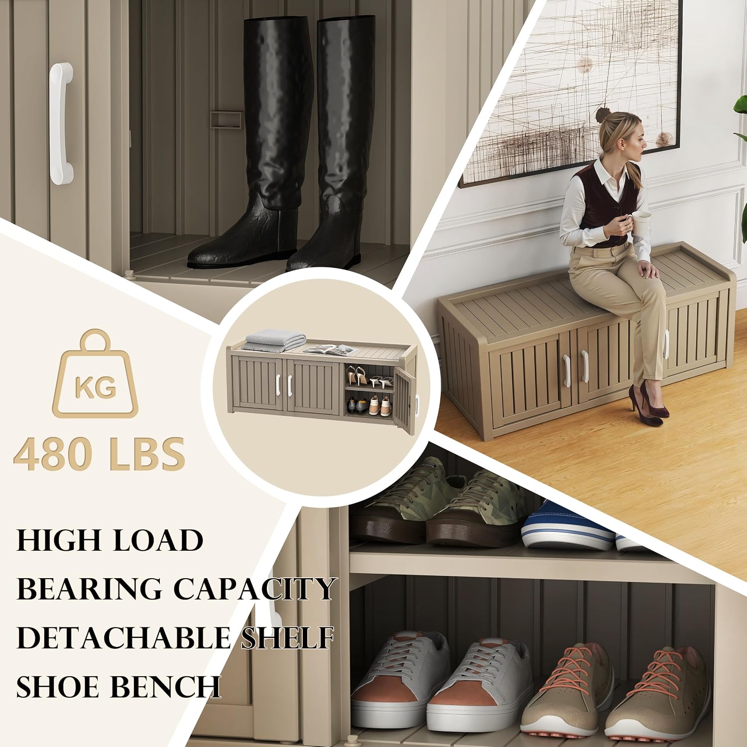 EasyUp Shoe Bench Entryway, Waterproof Resin Shoe Cabinet,Outdoor Shoes Storage Bench, 2-Tier Hallway Shoes Rack with Adjustable Shelves for Entryway, Living Room, Bedroom