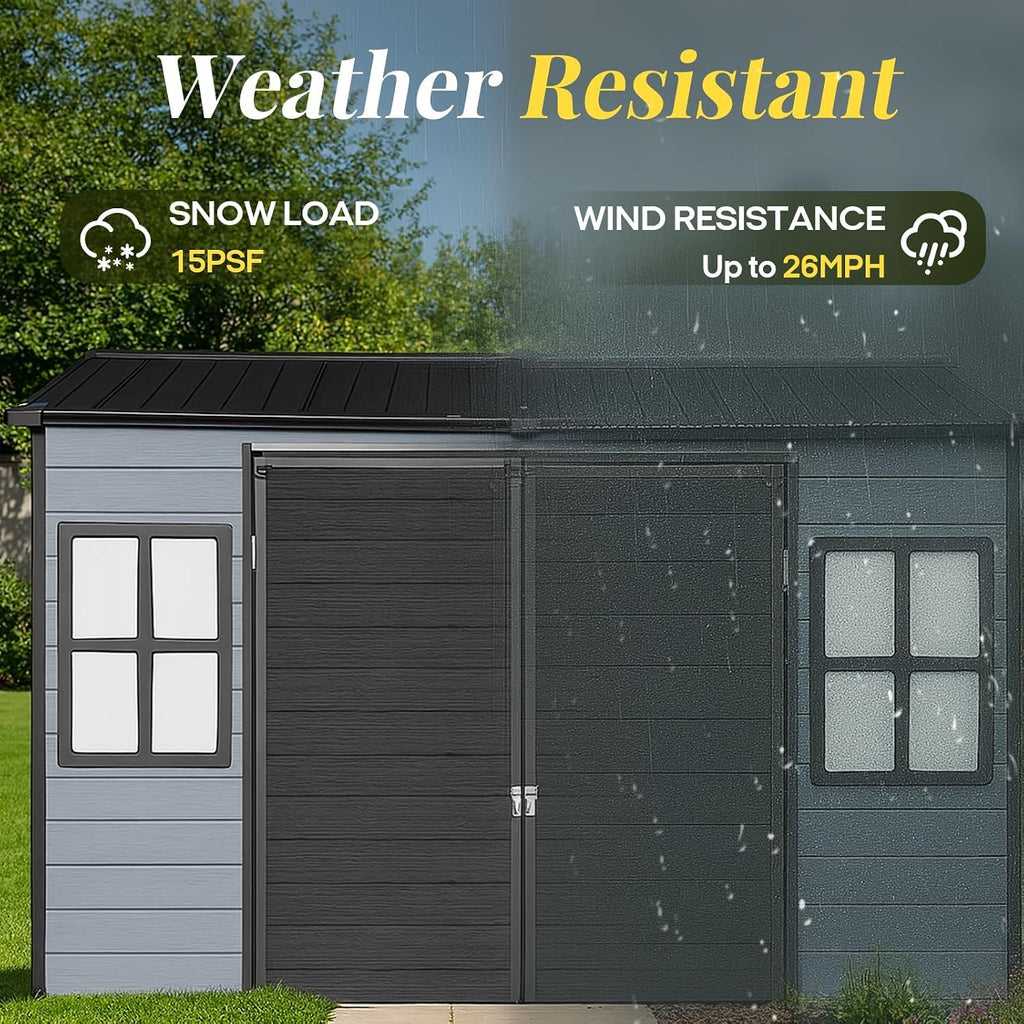 8x6 FT Resin Storage Shed with Floor, Outdoor Lockable Garden Shed with Windows & Vents, Large Backyard Storage for Tools Bikes (Black Grey)