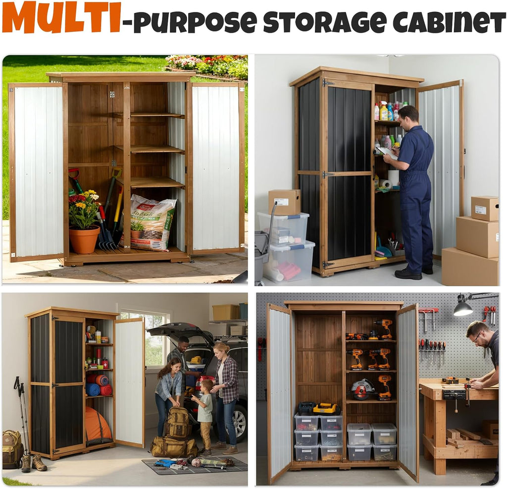 Outdoor Storage Cabinet with Shelves, Wood & Metal Storage Shed with Weatherproof Roof, 3 Removable Shelves, Lockable Doors, Adjustable Feet, Outside Storage Cabinet for Garage, Patio, Backyard