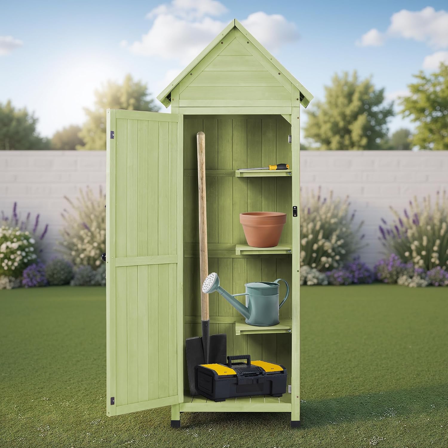 Wooden Outdoor Storage Cabinet,Tall Vertical Garden Tool Shed with Waterproof Metal Roof & Adjustable Feet – Perfect for Yard, Patio, Lawn & Deck (Green, 22' x 26' x 67')