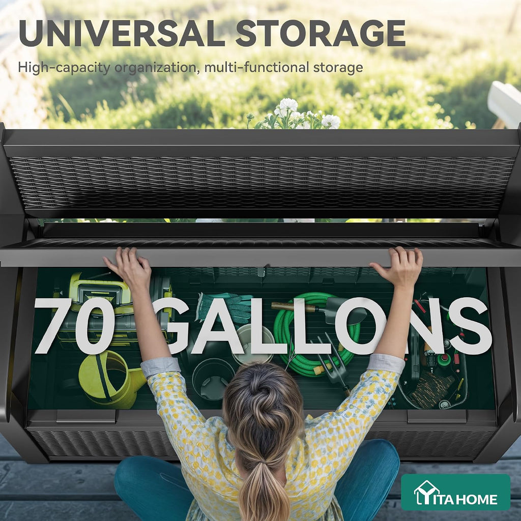 YITAHOME 70 Gallon Deck Bench with Storage, Outdoor Storage Box Bench with Armrests for Patio Garden Pool Porch, Waterproof&Lockable, Black