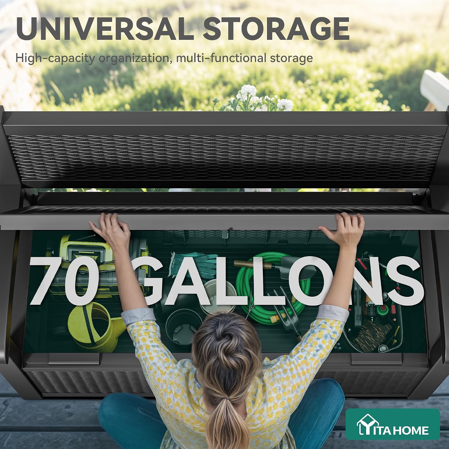 YITAHOME 70 Gallon Deck Bench with Storage, Outdoor Storage Box Bench with Armrests for Patio Garden Pool Porch, Waterproof&Lockable, Black