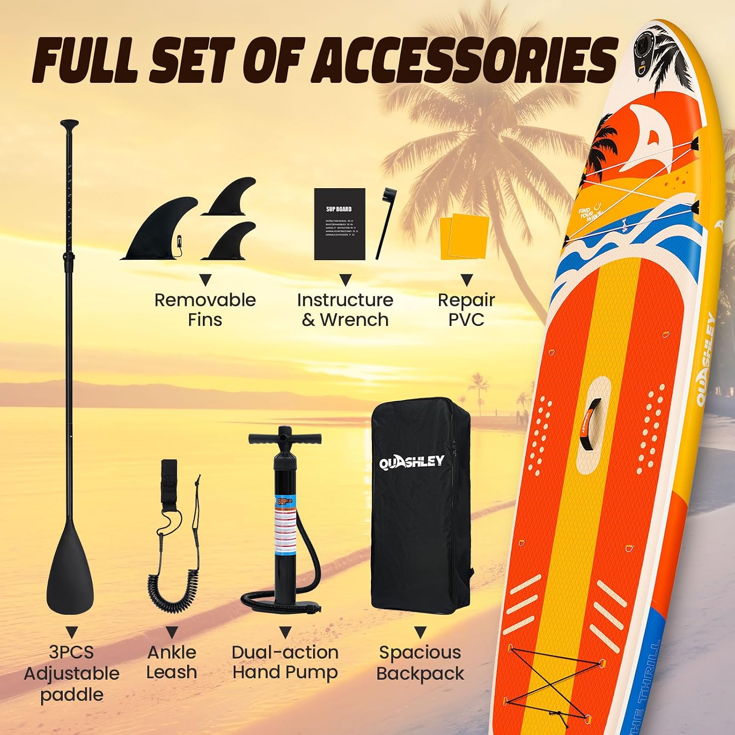 Quashley Inflatable Paddle Board Extra Wide Stand Up Paddleboards 11'×34' with All Premium Paddle Board Accessories,Inflatable SUP for Adults/Family,Beginner-Friendly,Removable Fin,Hand Pump