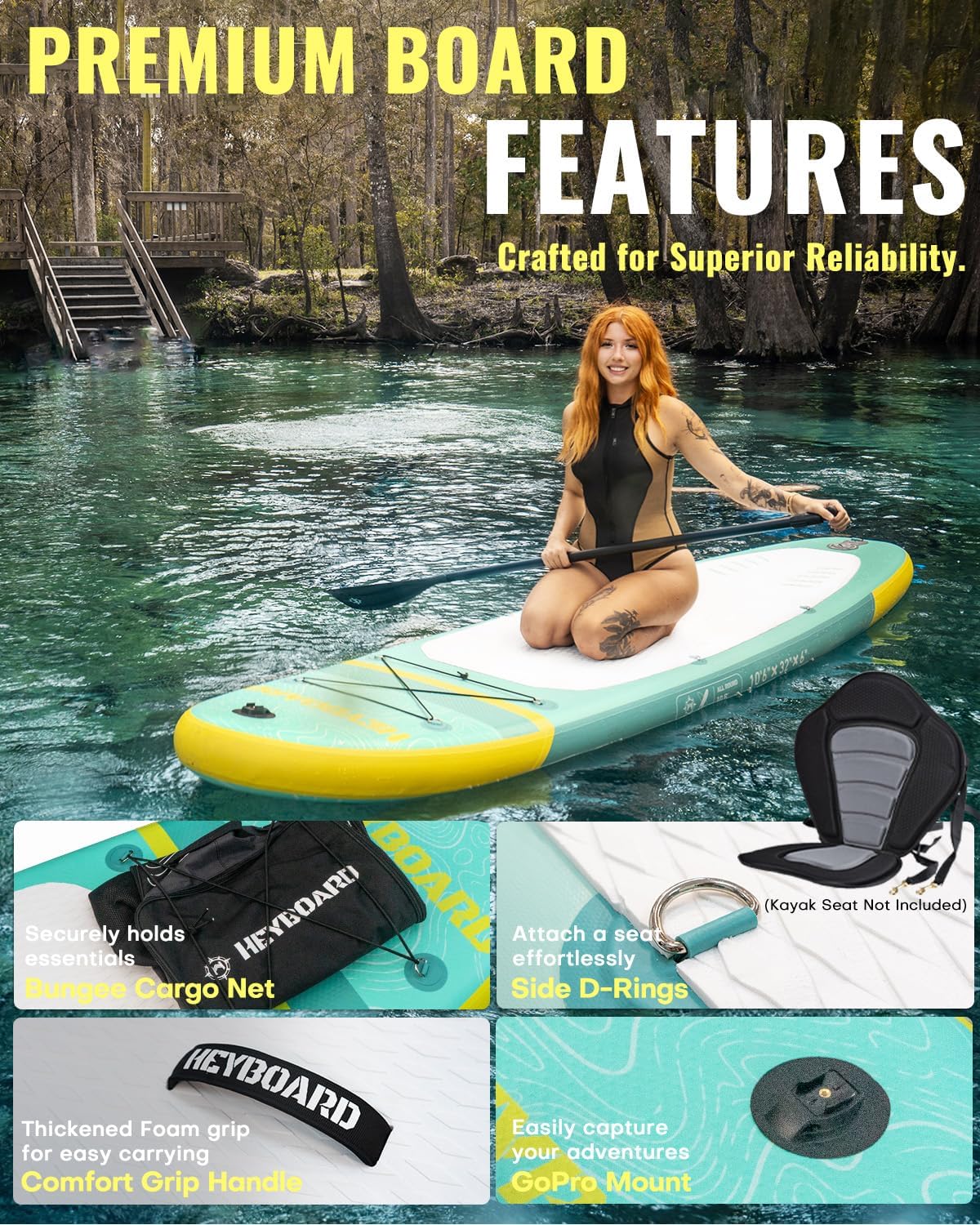 HEYBOARD Inflatable Stand Up Paddle Board 10'6'×32'×6' Standup Paddleboard with Premium SUP Accessories & Backpack, Non-Slip Deck, Waterproof Bag, Leash, Paddle, Hand Pump
