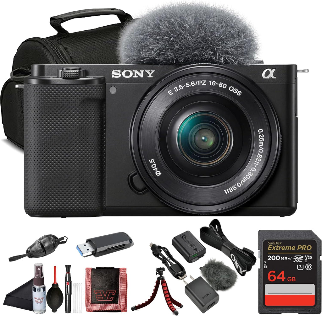 Sony ZV-E10 Mirrorless Camera Black with 16-50mm Power Zoom Lens (ILCZV-E10L) – 24.2 MP APS-C Sensor, 4K Video, Vari-Angle Screen w/ 64GB Memory Card, Bag, Card Reader and More