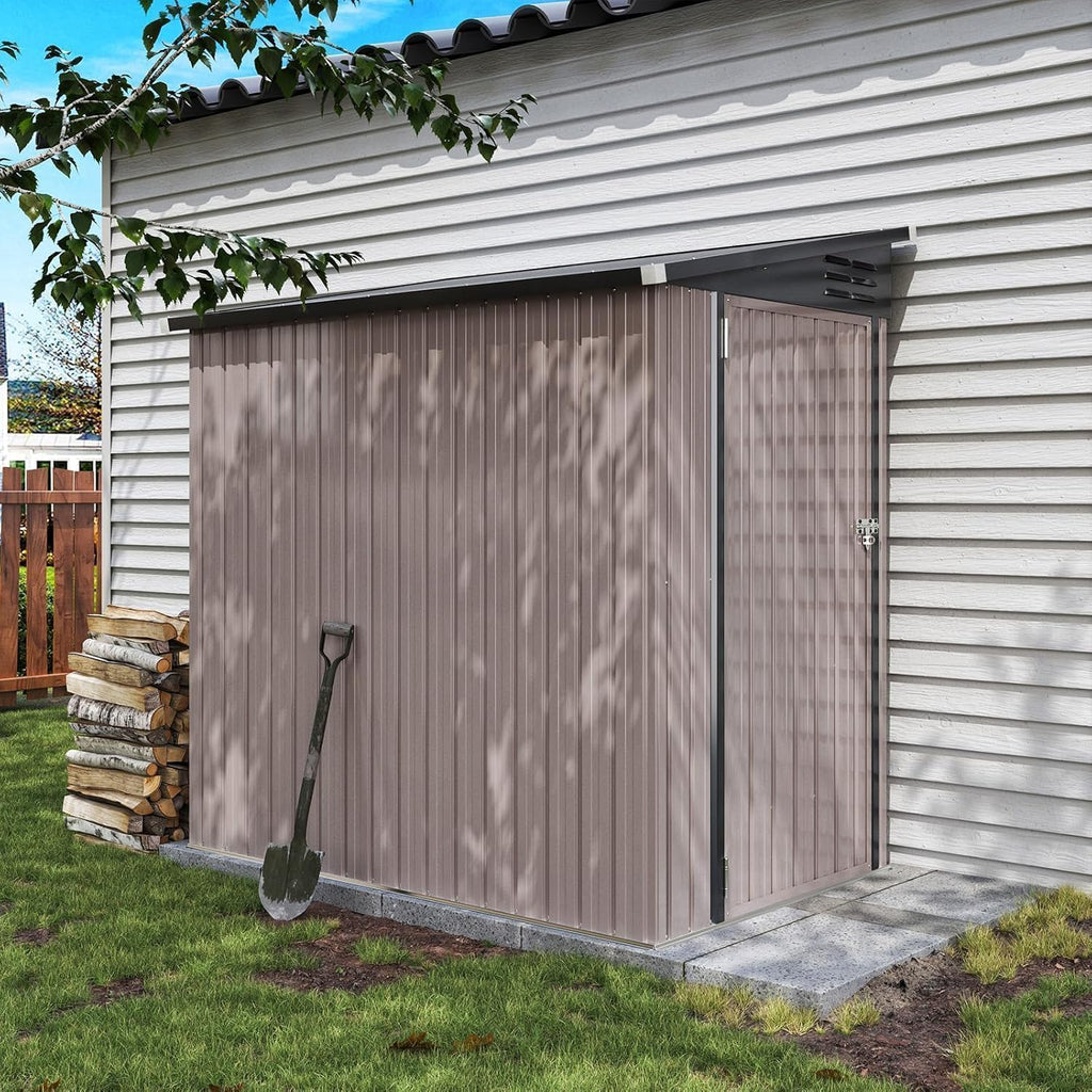Aoxun 4x6 FT Lean to Shed Garden with Sloped Roof Metal Storage Shed with Lockable Doors & Single Door Outdoor Bike Shed for Backyard, Patio, Poolside (Brown)