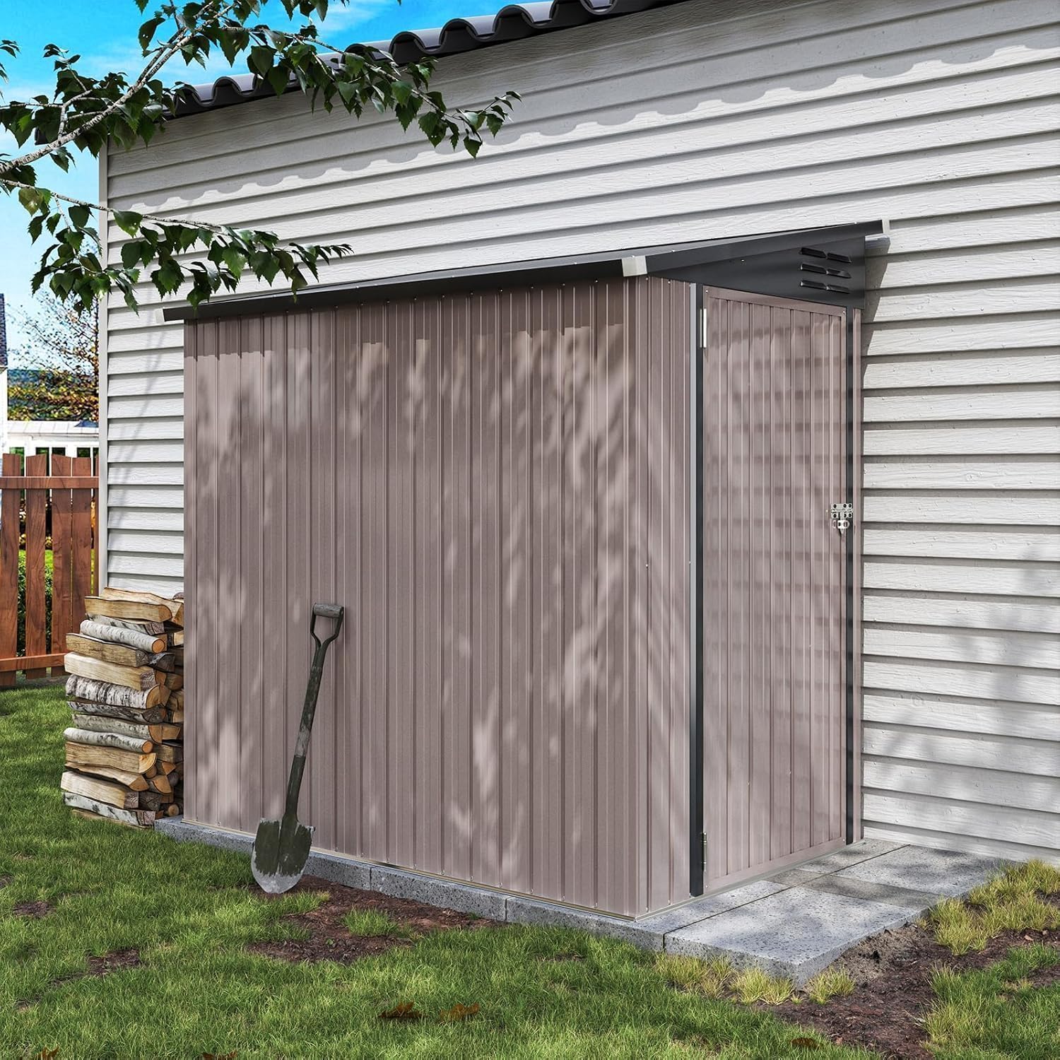 Aoxun 4x6 FT Lean to Shed Garden with Sloped Roof Metal Storage Shed with Lockable Doors & Single Door Outdoor Bike Shed for Backyard, Patio, Poolside (Brown)