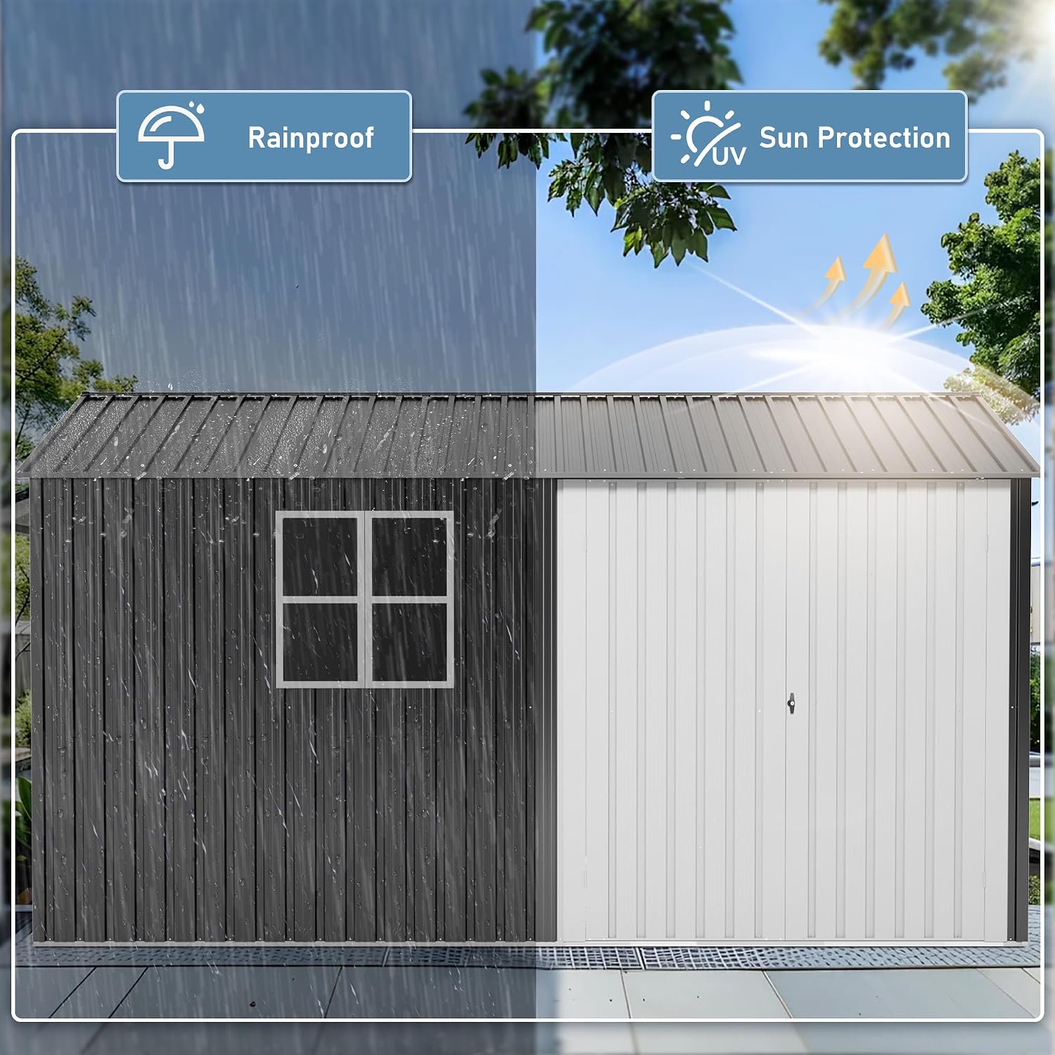 AirWire 12x10 FT Outdoor Metal Storage Shed with Window, Heavy-Duty Galvanized Steel Tool Shed with Lockable Doors, Waterproof Garden Shed for Backyard, Patio, Lawn, Black