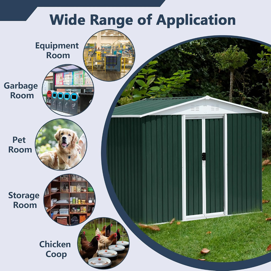8' x 6' Outdoor Metal Storage Shed Outdoor Shed Galvanized Steel Garden Shed with Sliding Door and Window for Ventilation Storage Sheds House for Backyard Garden（Green）