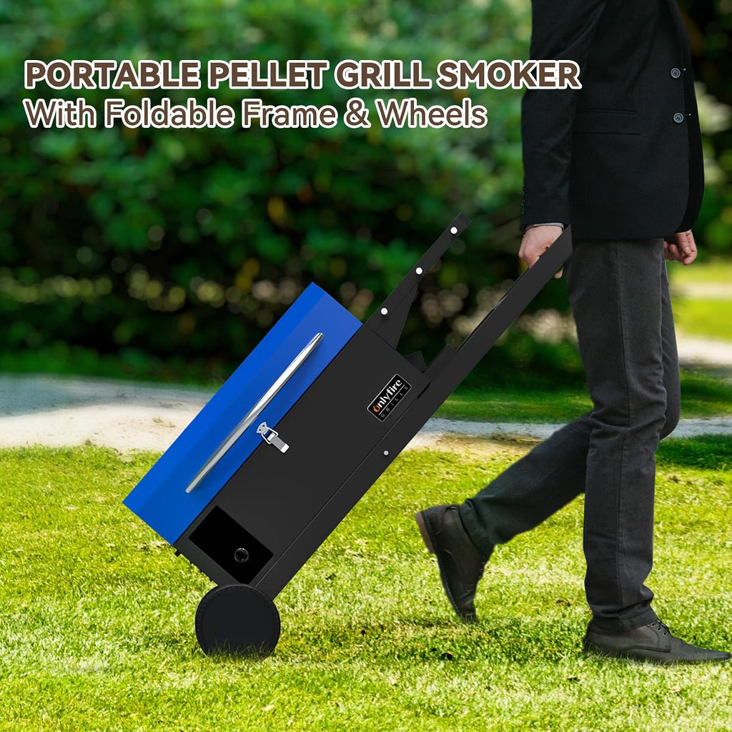 ONLYFIRE GRILLS BBQ Wood Pellet Grill Smoker with Foldable Cart, Meat Probe, 2 Tiers Cooking Area, Portable Smoking Grilling Stove for Outdoor Patio Cooking, RV Camping Tailgating, Blue GS342