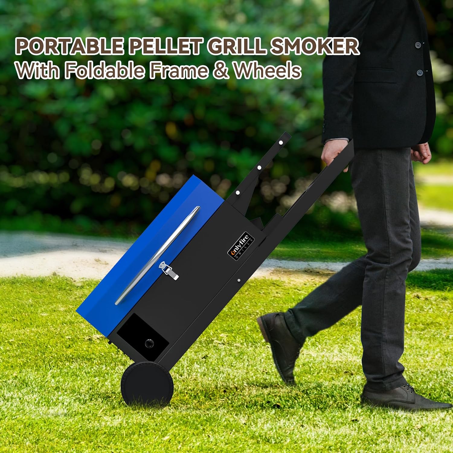ONLYFIRE GRILLS BBQ Wood Pellet Grill Smoker with Foldable Cart, Meat Probe, 2 Tiers Cooking Area, Portable Smoking Grilling Stove for Outdoor Patio Cooking, RV Camping Tailgating, Blue GS342
