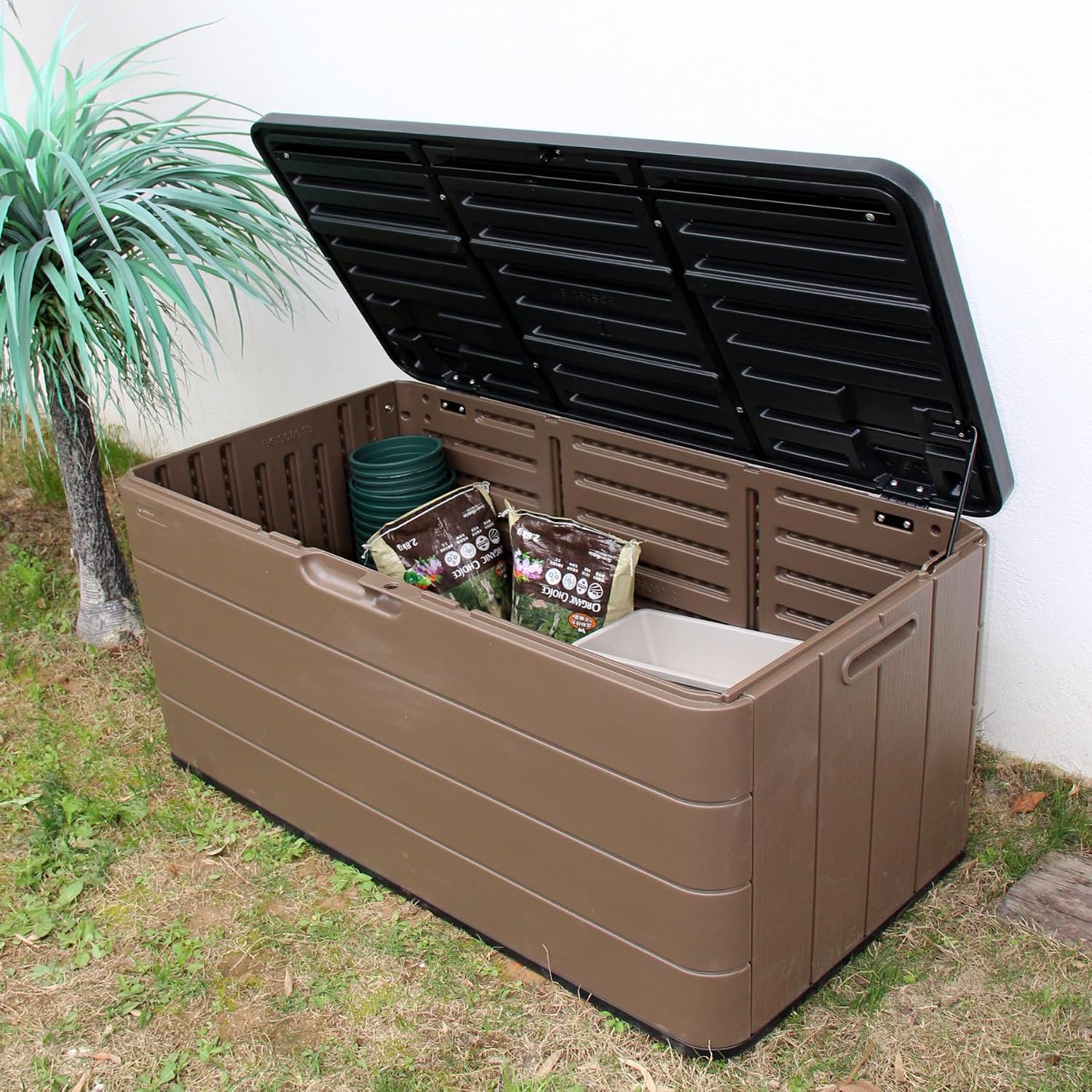 Mrosaa Resin Deck Storage Box, 85 Gallon Outdoor Storage Box Waterproof for Garden Storage,Patio and Backyard, Lockable Brown Color