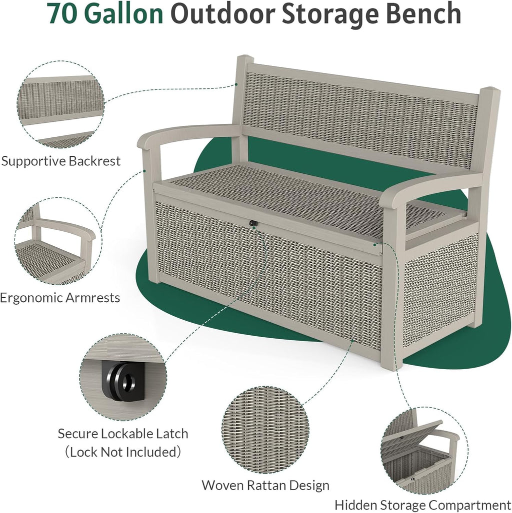 Skepphlay 70 Gallon Storage Bench Deck Box,Patio Storage Benches with Armrest, Lockable Bench Outside, Waterproof for Pool Patio Garden (Grey)