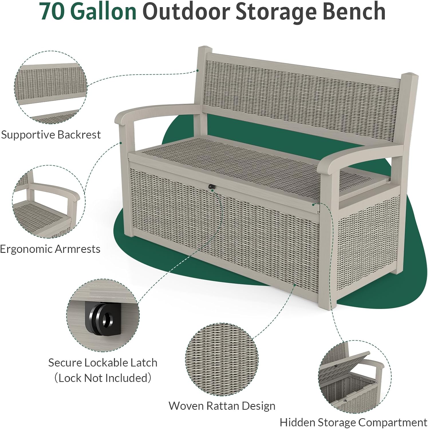 Skepphlay 70 Gallon Storage Bench Deck Box,Patio Storage Benches with Armrest, Lockable Bench Outside, Waterproof for Pool Patio Garden (Grey)