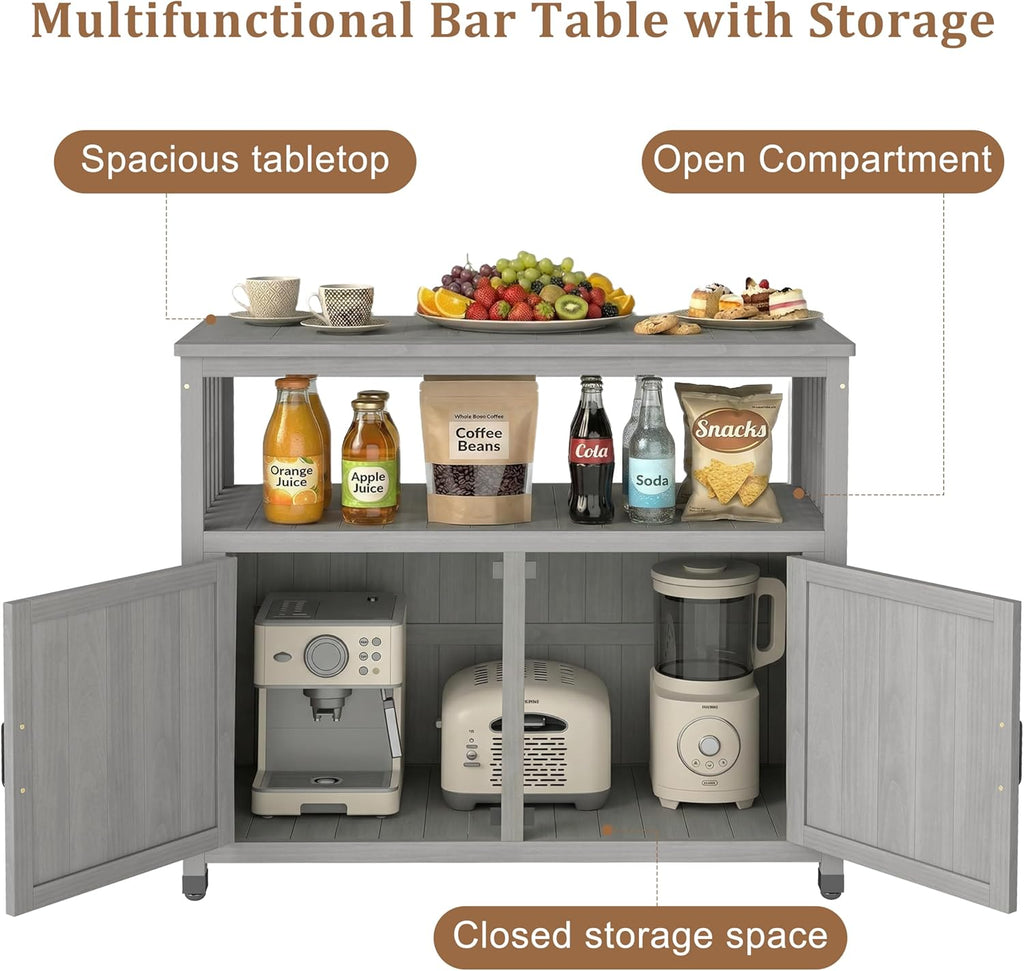 Mederlo Wooden Patio Bar Table with Storage, Cedar Outdoor Buffet Cabinet Sideboard, 42 x 18 x 37 in Serving Station with Double-Layer Tabletop for Patio, Deck, Backyard, Indoor