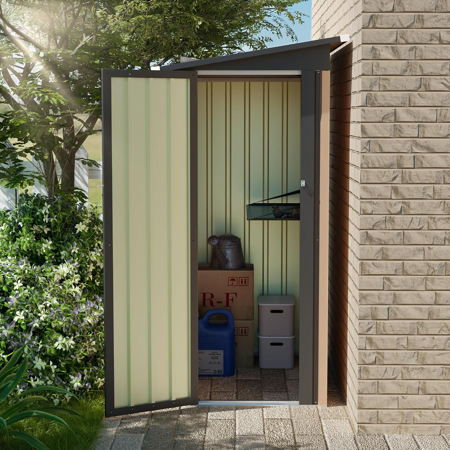 YOPTO 4.27x2.42 FT Outdoor Storage Shed, Metal Garden Tool Shed with Sloped Roof & Hinge Door for Backyard,Patio Lawn,Black+Brown