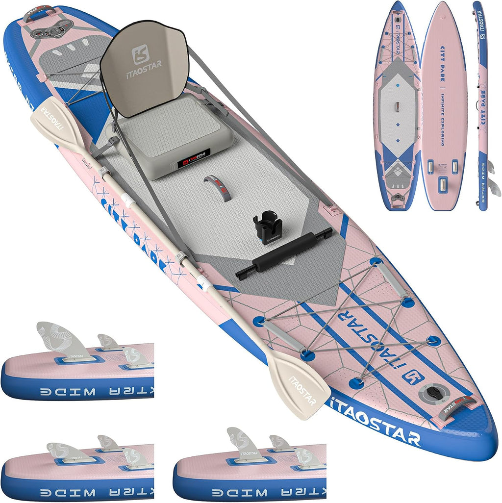 iTAOSTAR City Park 12'×35' Extra Wide Paddle Board with Seat, One-Stop Premium SUP Board Gears, Tailored 5 Fins, Stable Inflatable Stand Up Paddle Boards for Youth/Adults of All Levels