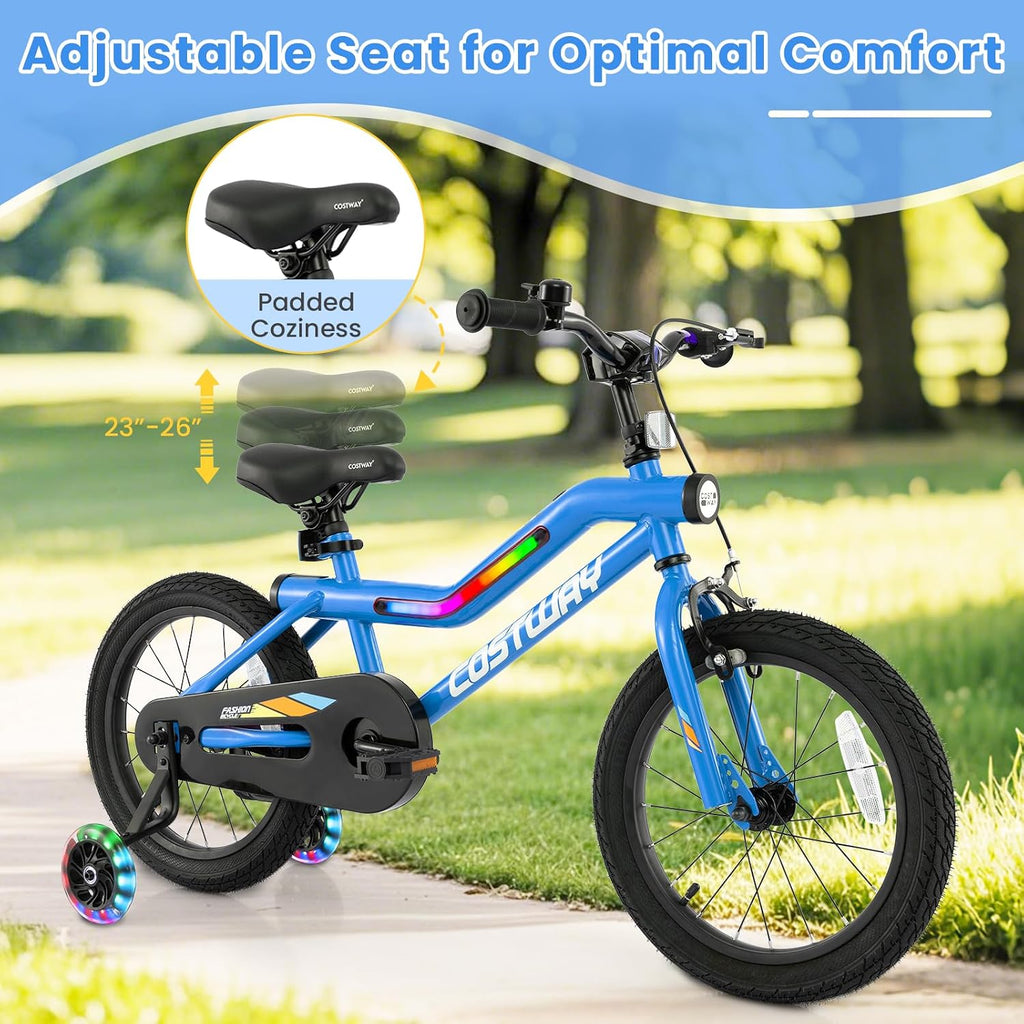 COSTWAY 16'/18' Lighted Kids Bike, Children Sport Bicycle with LED Light-up Frame, Adjustable Saddle, Training Wheels, Handbrake & Coaster Brake, Kids Riding Bike for 4-7/4-8 Years Old Boys & Girls