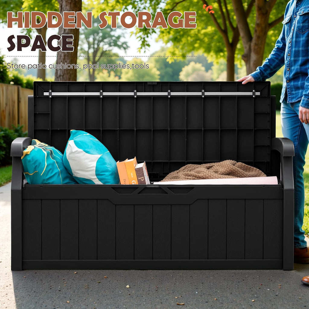 JUMMICO 80 Gallon Resin Outdoor Storage Bench, Large Deck Box with Armrest, Lockable&Waterproof for Garden, Home, Patio, Pools (Black, 80 Gallon)