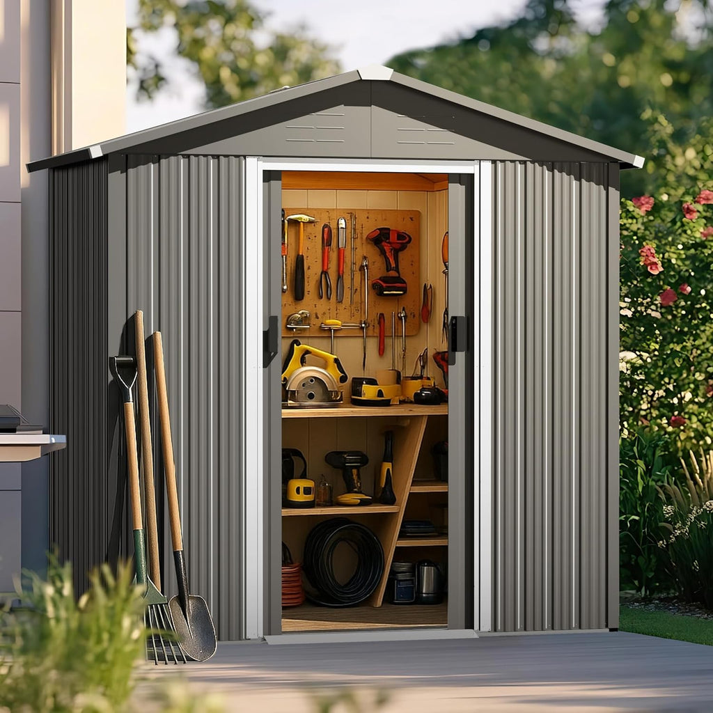 Nuu Garden Outdoor Storage Shed with Sliding Doors, Galvanized Sheet Outdoor Shed with Sloping Roof, Anti-Corrosion Garden Shed with Air Vents for Backyard Patio Lawn, Gray