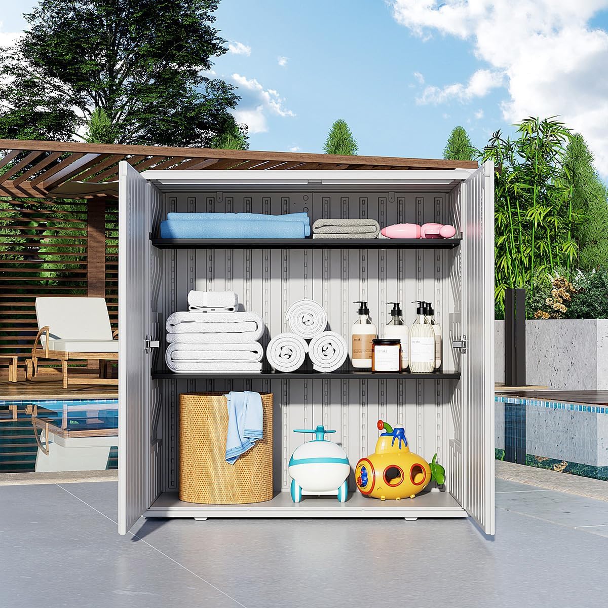 KINYING Outdoor Storage Cabinet Waterproof, Resin 62 Gallon Deck Box for Patio Furniture Cushions, Garden Tools, Pool Tools and Kids' Toys (Off White with 1 Shelving)