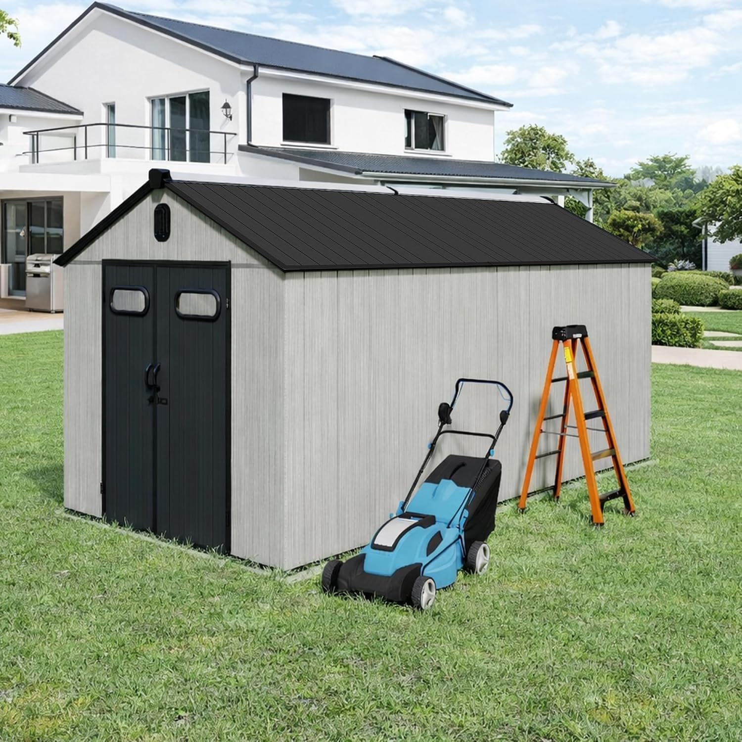 Domi 8x15.5FT Outdoor Resin Storage Shed with Transparent Windows & Louvered Vents, Plastic Tool Shed with Double Lockable Doors & Gable Roof, Outside Garden Shed for Backyard, Patio, Lawn, Grey