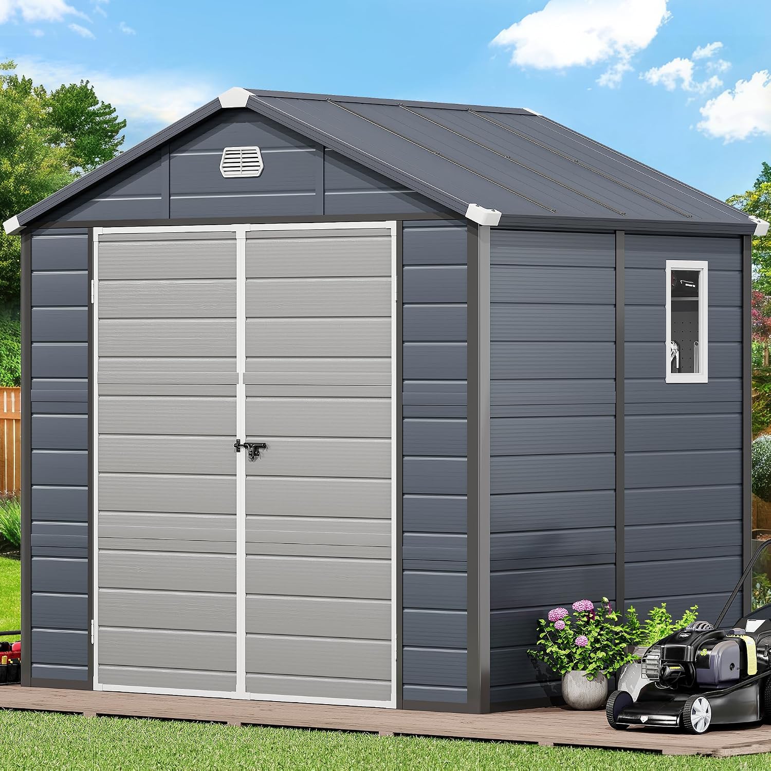 YITAHOME 8x6.2FT Outdoor Storage Shed w/o Floor, All-Weather Plastic Shed with Lockable Doors, Window & Vents, Plastic Tool Shed for Backyard, Patio, Poolside, Lawn, Gray