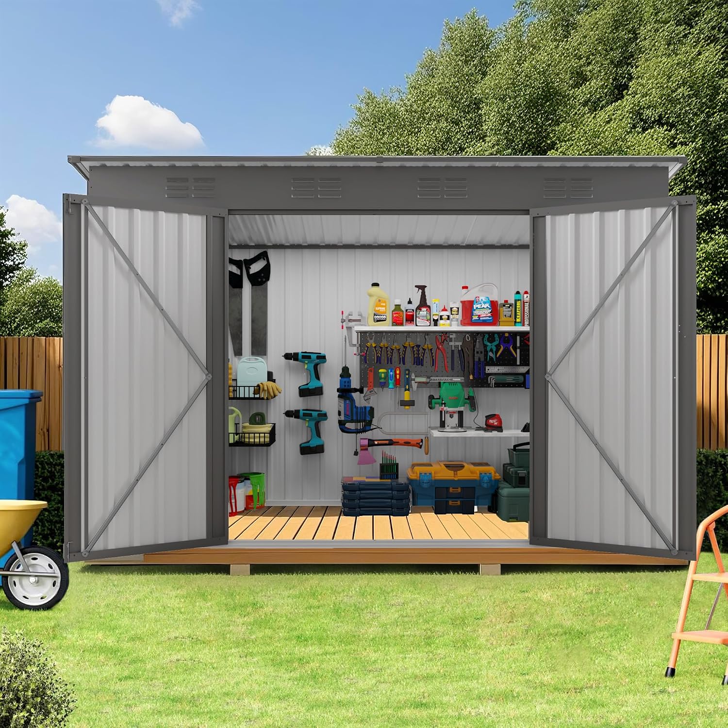 YOPTO 4x9 FT Outdoor Storage Shed,Metal Shed W/Window,Garden Storage Shed W/ 6 Air Vents & 2 Swing Doors,Weatherproof Tool House W/Sloped Roof,for Backyard Patio Lawn,Gray