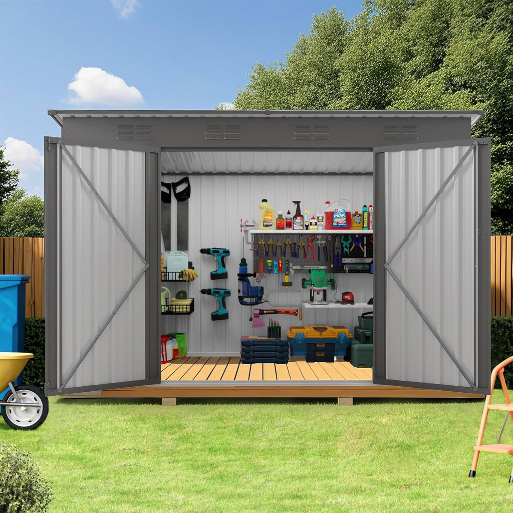 YOPTO 4x9 FT Outdoor Storage Shed,Metal Shed W/Window,Garden Storage Shed W/ 6 Air Vents & 2 Swing Doors,Weatherproof Tool House W/Sloped Roof,for Backyard Patio Lawn,Gray