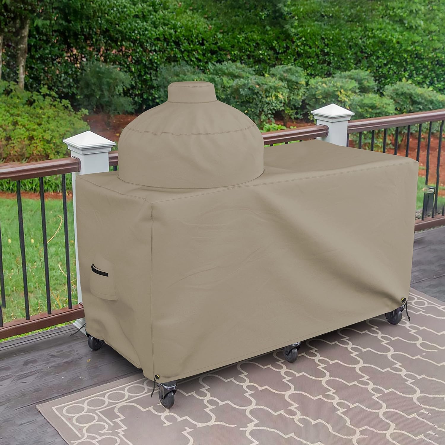 Covers & all Big Egg Grill Cover, 12 Oz Waterproof UV & Weather Resistant, PVC Coated Outdoor Cover with Air Vents & Drawstrings (60' L x 36' D x 56' H, Beige)