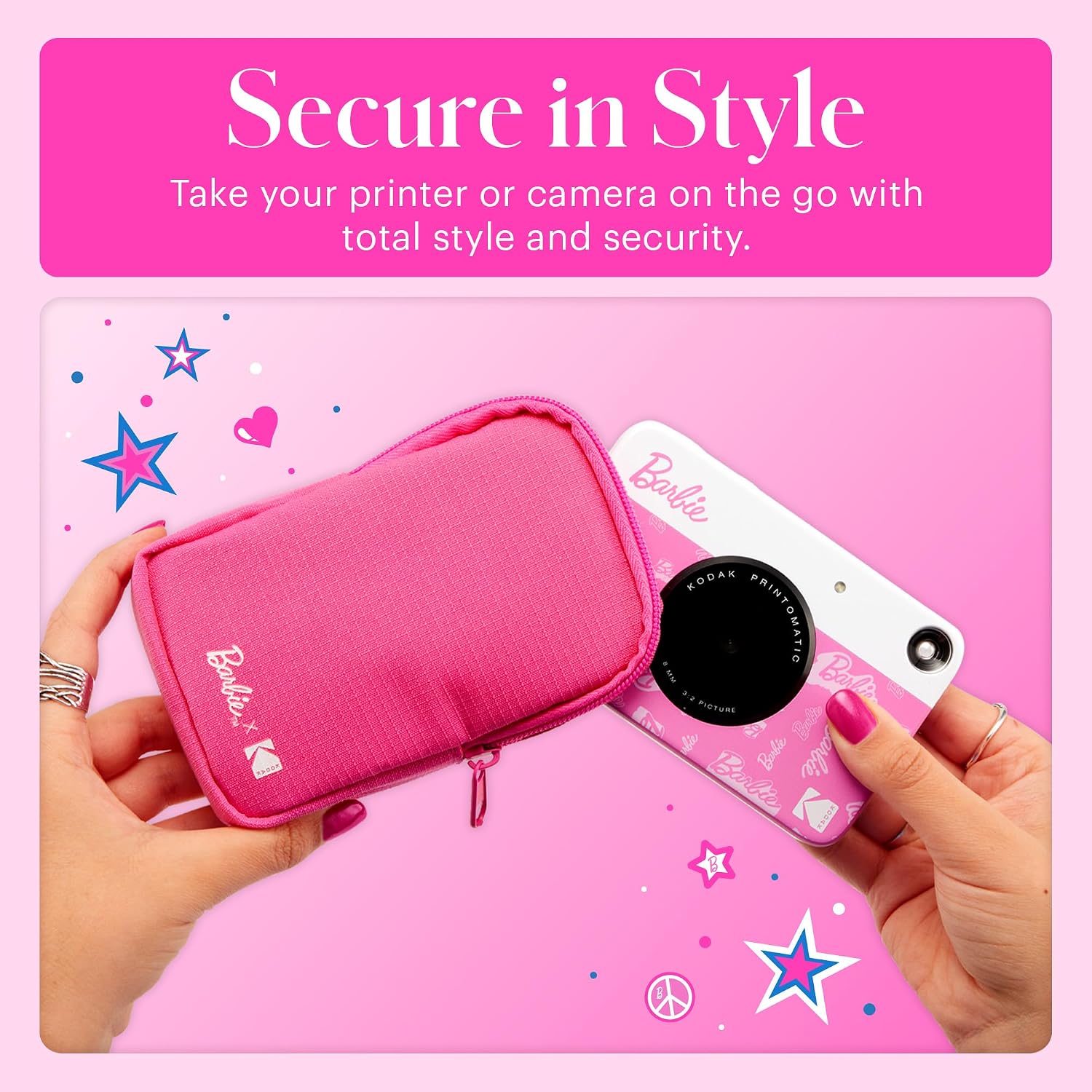 Kodak x Barbie Printomatic Full-Color Instant Print Digital Camera Barbie Starter Bundle (Signature Style)+ Barbie Deluxe Camera Case + Zink Paper (20 Sheets)