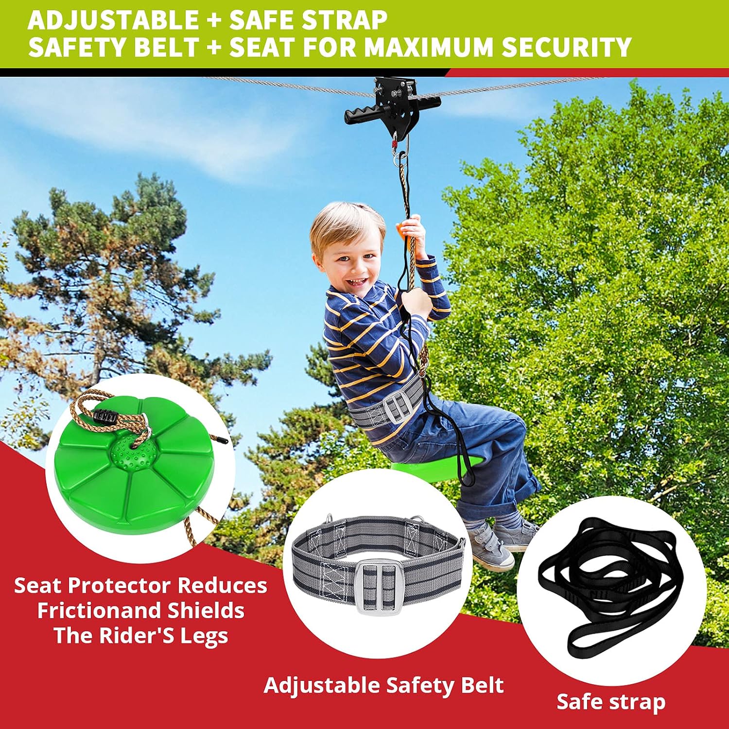 TRSMIMA Zipline Backyard Kit - 76ft Zip line Zipline Trolley Steel Spring Brake System