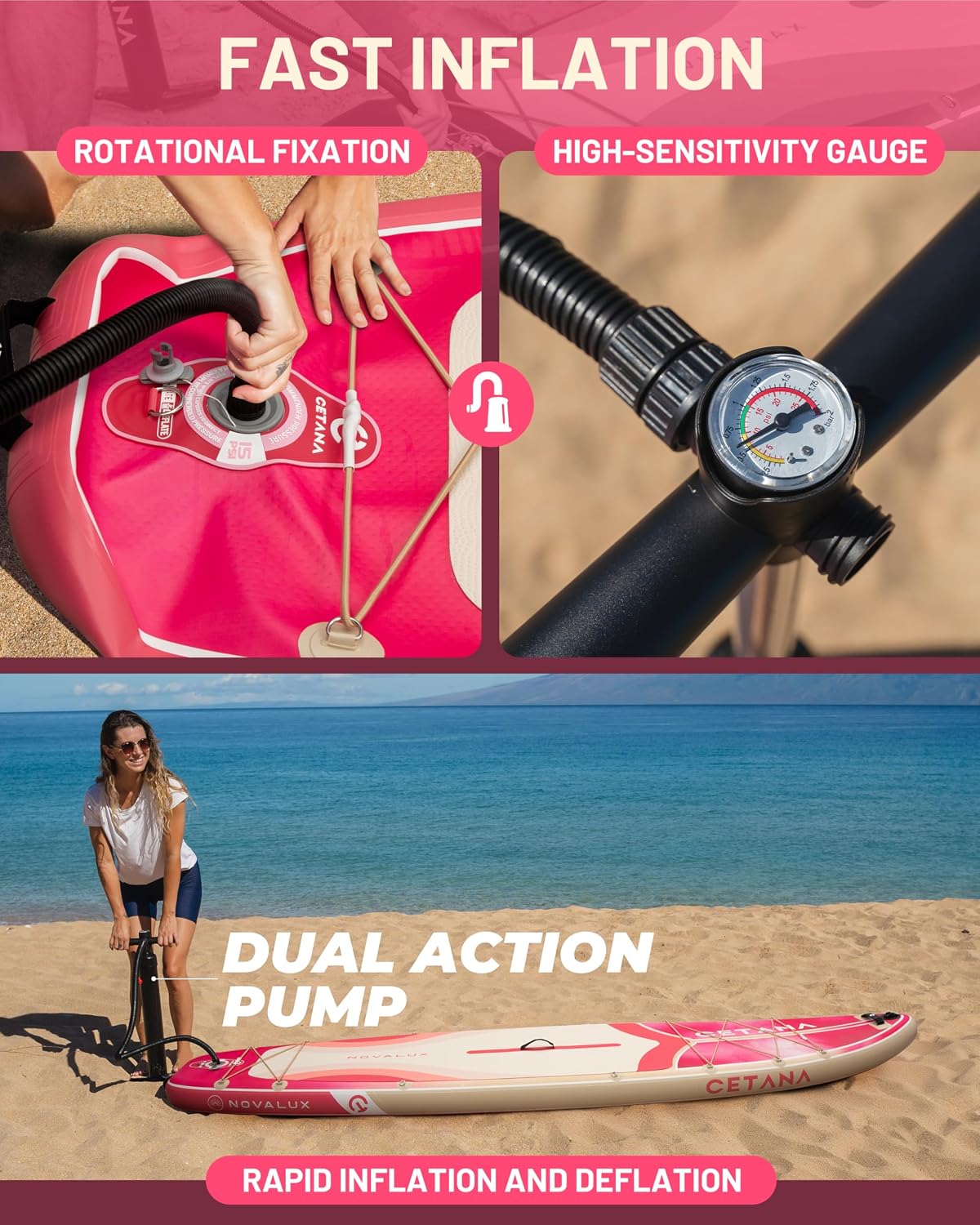 CETANA 11'6×35' Extra Wide Inflatable Paddle Board,Stand Up Paddle Board for Beginner,450lb Capacity SUP for Family with Safety Leash,3 Removable Fins,Dual-Action Pump& Floating Paddle