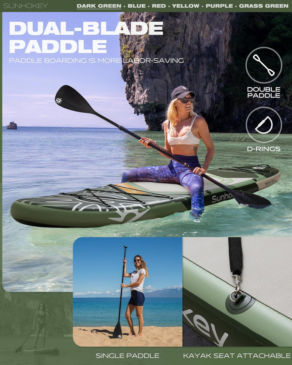 11'×34'' Extra Wide Inflatable Paddle Board with Seam Welded Technology, Stand Up Paddle Board, 420lb Capacity for Adults, Sup Board for All-Level with 2-Blade Paddle/Dual-Action Pump/Leash