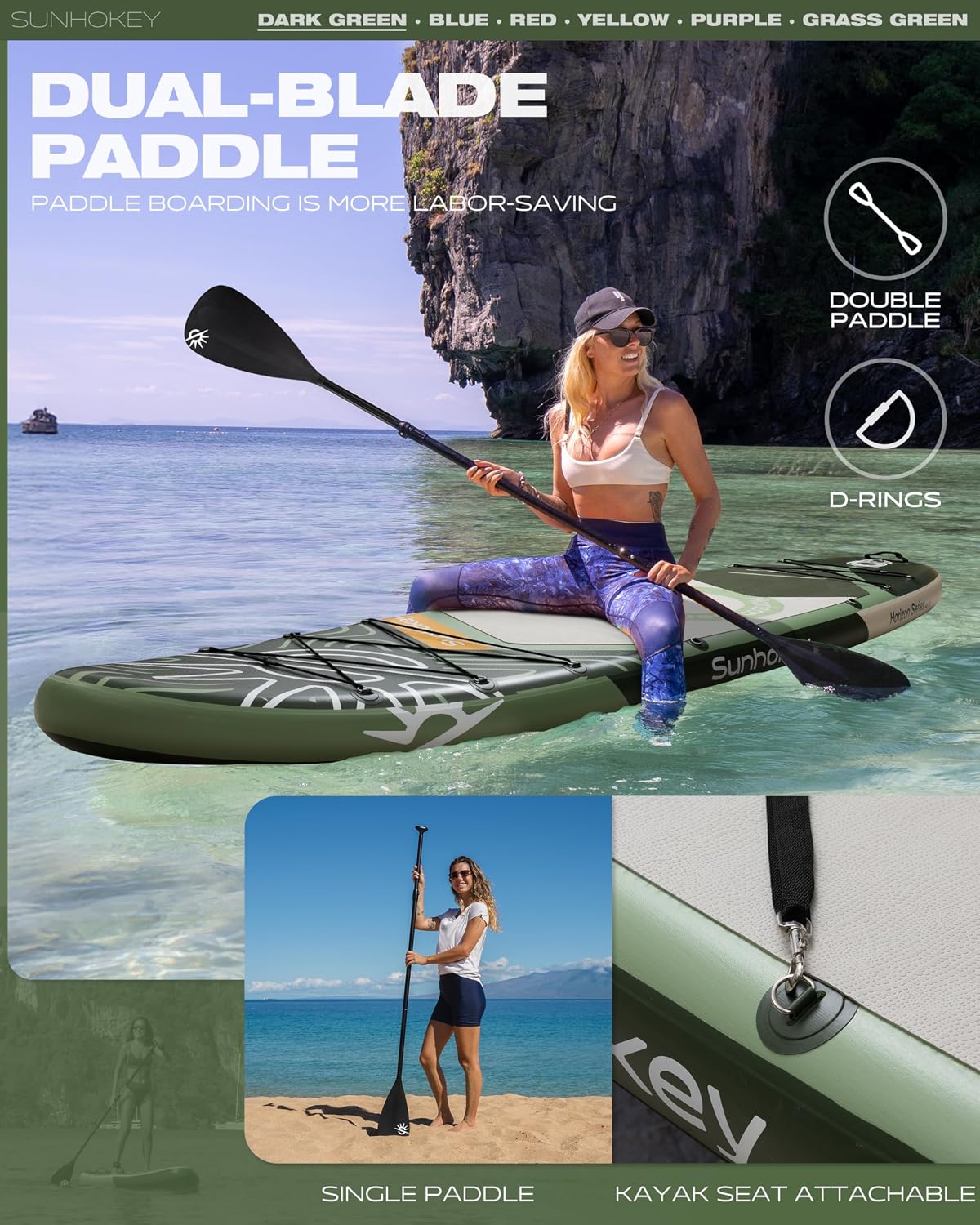 11'×34'' Extra Wide Inflatable Paddle Board with Seam Welded Technology, Stand Up Paddle Board, 420lb Capacity for Adults, Sup Board for All-Level with 2-Blade Paddle/Dual-Action Pump/Leash