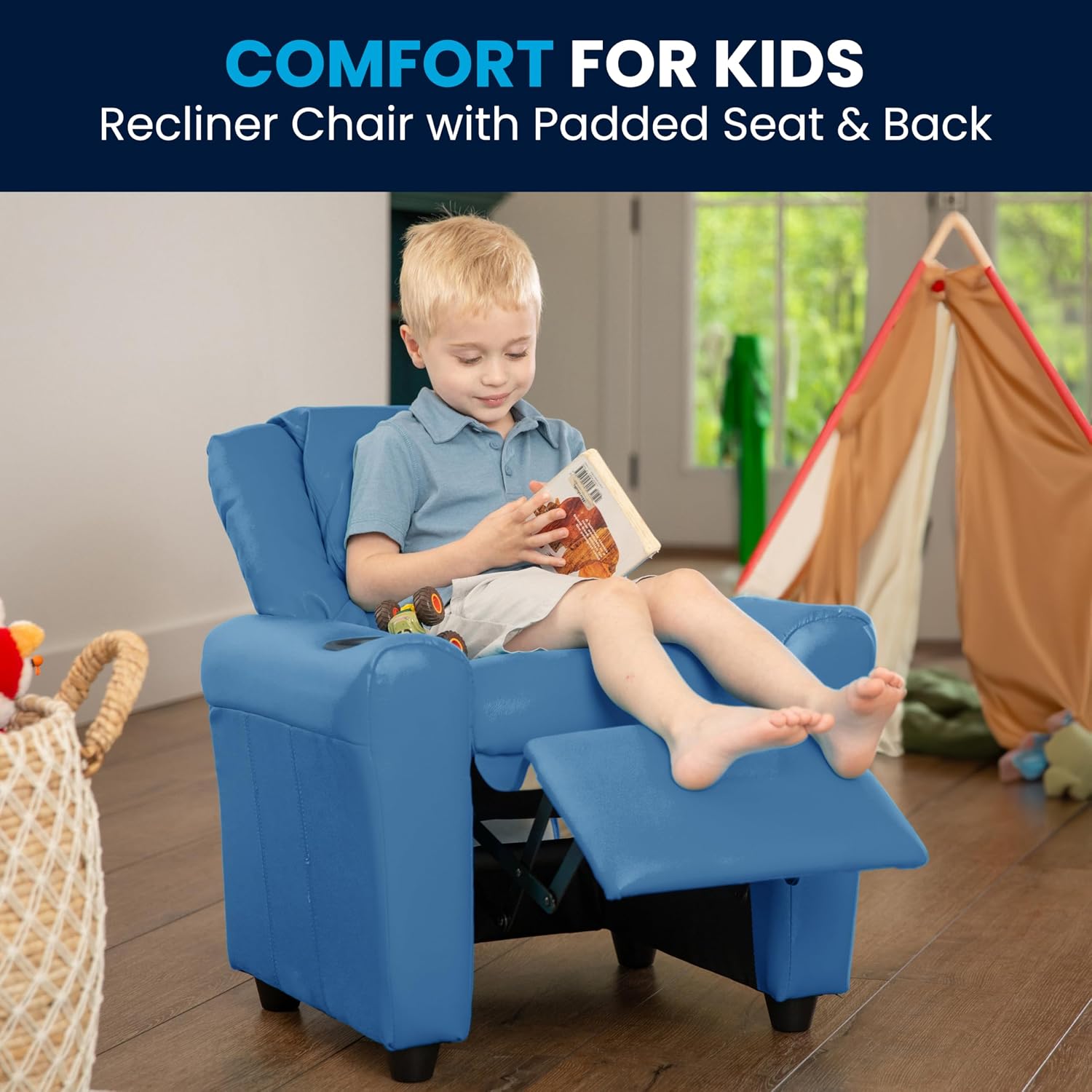 Flash Furniture Vana Vinyl Kids Recliner with Cup Holder, Headrest, and Safety Recline, Contemporary Reclining Chair for Kids, Supports up to 90 lbs., Light Blue