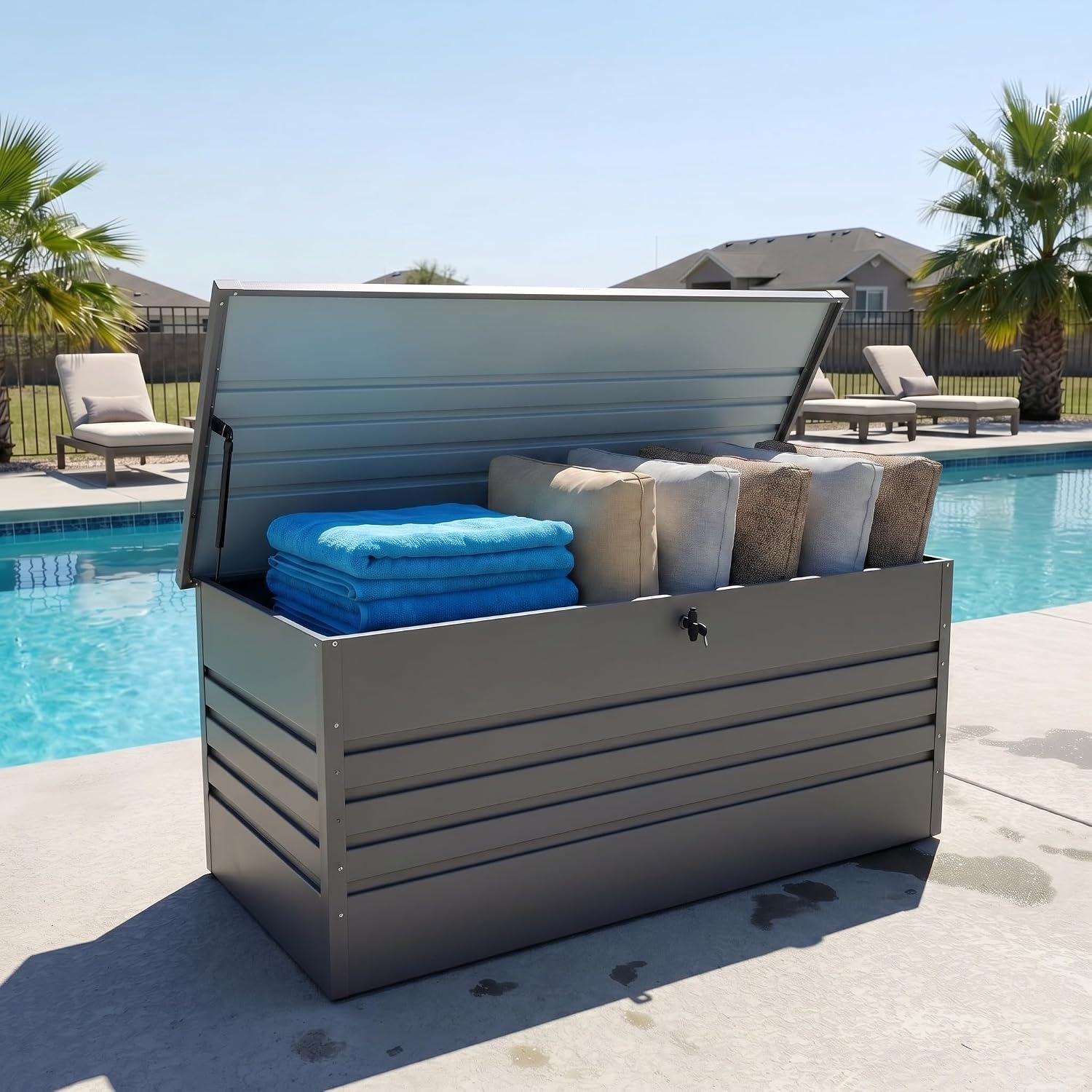 260 Gallon Deck Box, Metal Large Deck Box, Waterproof Deck Storage Box, Pool Storage Box with Lockable Storage Containers, Light Gray