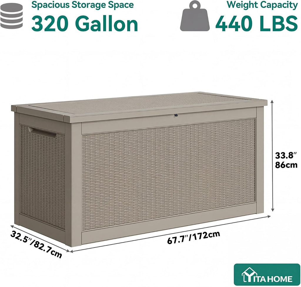 YITAHOME XXL 320 Gal Large Deck Box, Outdoor Resin Storage Box, Rattan Storage Container for Patio Furniture, Garden Tools, Waterproof, Lockable (Brown)