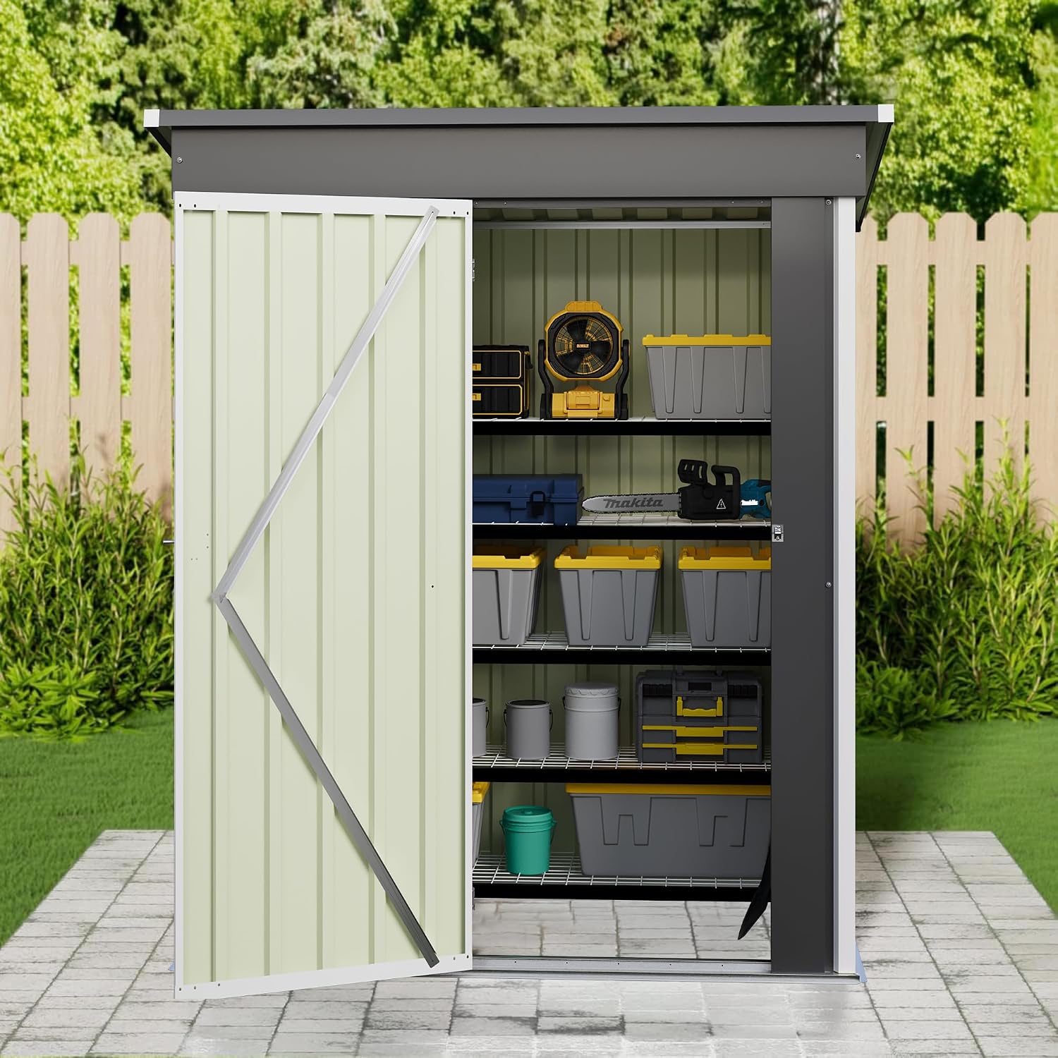 JUMMICO Metal Outdoor Storage Shed 5 x 3 FT Metal Shed with Lockable Door,Waterproof Garden Tool Shed Storage House for Backyard Patio Lawn,White
