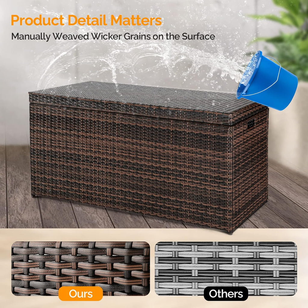 VINGLI Upgraded Version 132 Gallon Outdoor Storage Box, Patio Rattan Deck Box, Wicker Storage Bench for Indoor, Outdoor, Pool, Balcony, Yard, Garden, Brown
