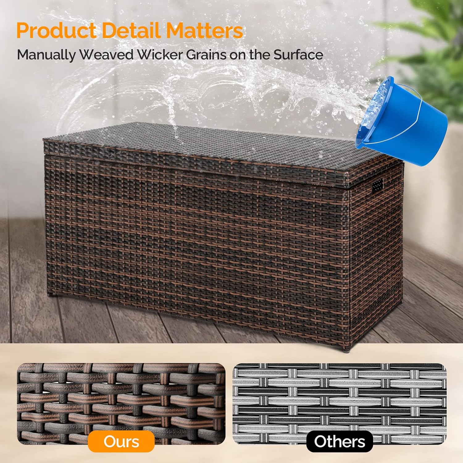 VINGLI Upgraded Version 132 Gallon Outdoor Storage Box, Patio Rattan Deck Box, Wicker Storage Bench for Indoor, Outdoor, Pool, Balcony, Yard, Garden, Brown