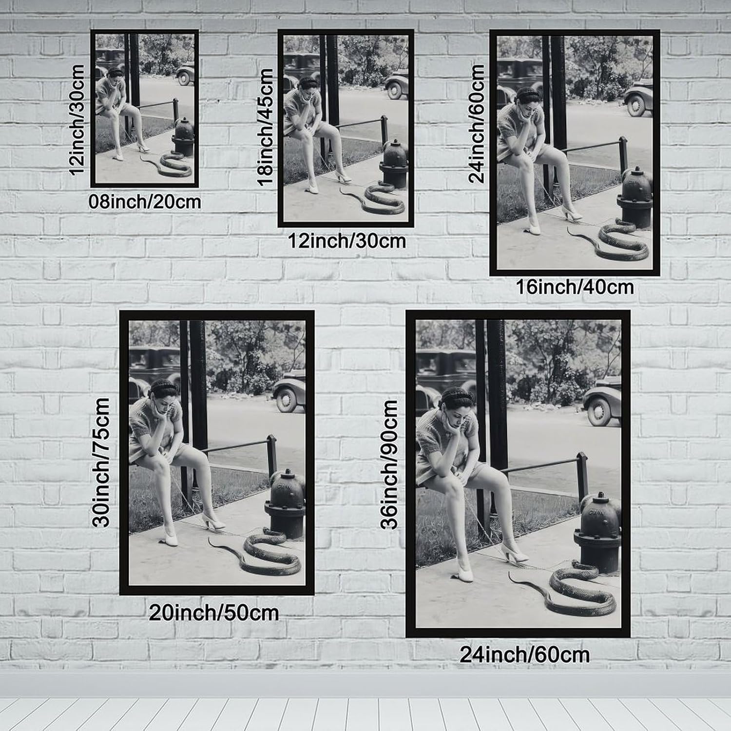 Woman Walking Pet Snake, Black And White Art, Vintage Snake on Leash, Oddities, Funny Poster Canvas Poster Wall Art Decor Print Picture Paintings for Living Room Bedroom Decoration Black Frame 24x36in