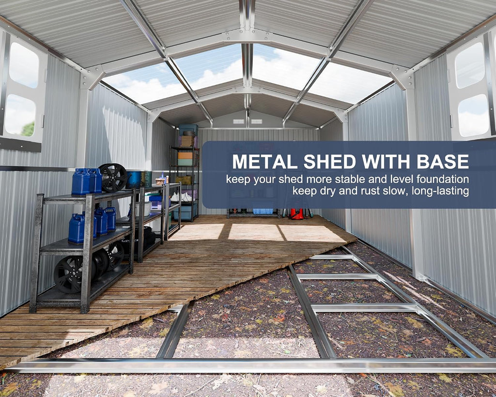 10x16 FT Metal Outdoor Storage Shed with Unique Floor Base Clear Roof Lockable Door Windows Vents,Waterproof Heavy Duty Reinforced Frame Sheds for Yard Store Bikes Large Lawnmower,Dark Grey